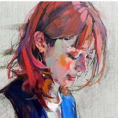 a painting of a woman with red hair and piercings on her ears, wearing a blue jacket