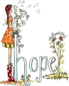 a drawing of a girl standing next to a pole with flowers in her hand and the word hope written on it