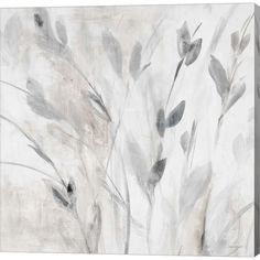 an abstract painting of gray and white flowers on a light grey background with black accents