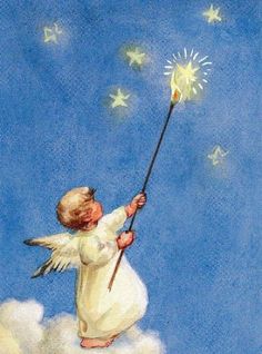 an angel holding a wand on top of a cloud with stars in the sky above