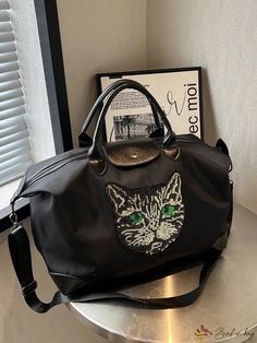 BirdinBag - Adjustable Strap Sequin Cat Fashion Travel Bag - Spacious and Stylish Cat Fashion, Cat Decor, Black Pattern, Luggage Bags, Travel Bag, Travel Bags, Adjustable Straps, Sequin, Bag Lady