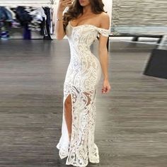 White Lace Off Shoulder Dress on Storenvy White Lace Prom Dress, White Lace Dress Long, Split Prom Dresses, Dressy Dress, White Prom, Prom Dresses Long Lace, Lace Evening Gowns, Prom Dresses 2017, Prom Dresses 2019