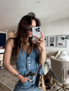 Diane Blue Denim Vest Denim Vest Outfit Summer, Denim Vest Outfit Aesthetic, Denim Western Outfit, All Denim Outfits For Women, Vest Outfits Aesthetic, Denim Vest Outfit, Yellow Maxi Skirts, Pinstripe Vest, Cute Vest