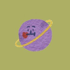 an image of a purple ball with a smiley face on it's side and a yellow ring around its neck