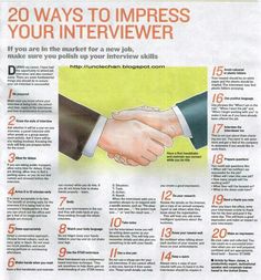 a newspaper article with an image of two hands shaking each other's hand and the words 20 ways to impress your interview