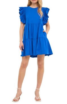 Voluminous pleats encircle the shoulders of a fashion-forward minidress with a billowy babydoll silhouette. Jewel neck Sleeveless 100% cotton Hand wash, dry flat Imported Cobalt Blue Dress, English Factory, Ruffle Mini Dress, Jewel Neck, Cobalt Blue, Cobalt, Off Shoulder Dress, Baby Dolls, Fashion Forward