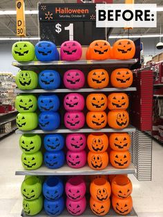 there are many halloween pumpkins on the shelves in this store and one is for sale