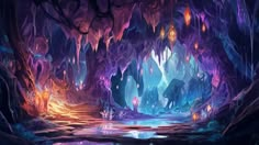 a cave filled with lots of purple and blue caves next to water surrounded by trees