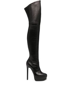 black leather almond toe platform sole high heel thigh-high Black Leather Boots Knee High, Casadei Boots, Bota Over, Leather Over The Knee Boots, Leather Thigh High Boots, Aesthetic Shoes, Sin City, Black Accessories, Black Knees