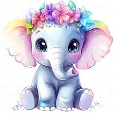 an elephant with flowers on it's head sitting in front of a white background