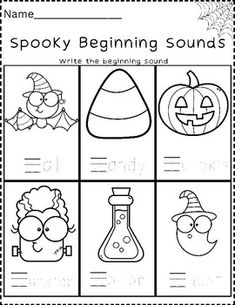 halloween themed worksheet for kids to practice spelling and writing the word spooky beginning sounds