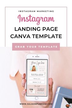 a woman holding an iphone with the text instagramm landing page canva template