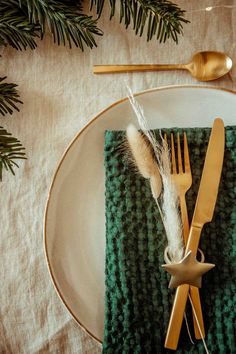 a fork and knife on a plate next to a green napkin with a star decoration