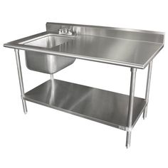 a stainless steel sink with two faucets on one side and an undershel