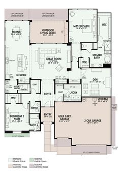 the floor plan for a home with two master suites and three separate living areas,