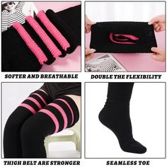 Plus Size Thigh High Socks Striped- Black & Pink Trendy Thigh High Black Socks, Trendy Black Stretch Stockings, Trendy Black Stretch Knee-high Socks, Trendy Stretch Black Stockings, Trendy Black Socks For Winter, Trendy Black Winter Socks, Black Stretch Stockings For Winter, Black Thigh High Socks For Winter, Trendy Thick Knee-high Socks