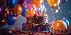 a birthday cake with lit candles surrounded by balloons and confetti on a table