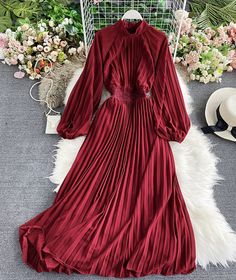 A line round neck long sleeve dressFabric: blendedColor: red, green pink, yellow, black, rust redSize(cm): free sizelength 131 bust 95 sleeve length 72 Long Sleeve Pleated Midi Dress For Winter, Winter Pleated Long Sleeve Midi Dress, Pleated Long Sleeve Midi Dress For Winter, Winter Party Pleated Long Sleeve Dress, Chic Fall High Neck Long Sleeve Dress, Chic Pleated Long Sleeve Dress For Winter, Chic High Neck Long Sleeve Dress For Spring, Fall Dresses With Lantern Sleeves In Solid Color, Fall Party Long Sleeve Dress With Lantern Sleeves