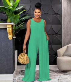 Green Sleeveless Jumpsuits And Rompers For Beach, Sleeveless Green Jumpsuits And Rompers For The Beach, Wide Leg Jumpsuits, Green Jumpsuit, Ankle Length Pants, Slim Pants, Wide Leg Jumpsuit, Well Dressed, Long Sleeve Hoodie