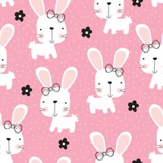 a pink background with white rabbits and black flowers on it's ears, wearing glasses