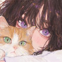 a drawing of a girl with long hair and green eyes hugging a cat's head