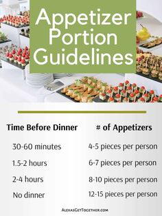 an advertisement for appetizer portion guidelines on the side of a table with food