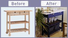 before and after photos of a kitchen island with shelves on each side, including the bottom shelf