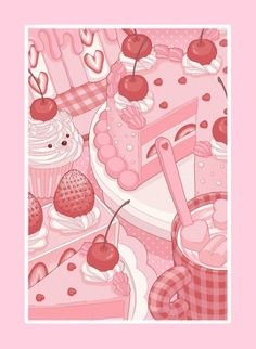 a pink background with many different types of cakes and desserts