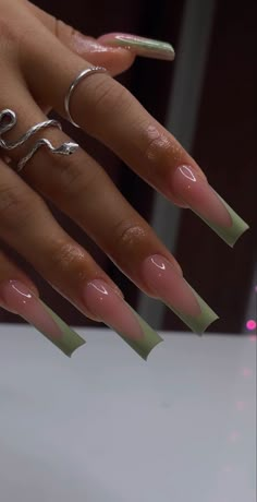 Jade Green French Tip Acrylic Nails, Cute Short Nail Sets Coffin, Green French Tip Coffin Acrylic Nails, Long Coffin French Nails, Long Acrylic Nails Grunge, Clear Nails With French Tips, Long Nails For Black Women, Nut Acrylic Nails, Long Acrylic Nails Coffin Green