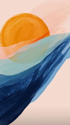 an abstract painting of the sun rising over the ocean with blue and pink waves on it