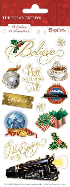 foil stickers featuring The Polar Express scenes and gold embellished titles, shown in package. Magical Train, Fiesta Christmas, Us Military Bases, Reference Ideas, The Polar Express, Sticker Machine, Foil Stickers, Paper House, Polar Express