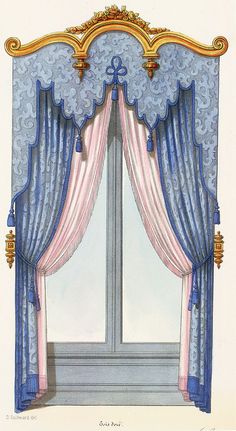 an open window with blue curtains and pink drapes