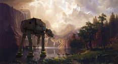 a painting of a star wars at - at standing in the middle of a lake