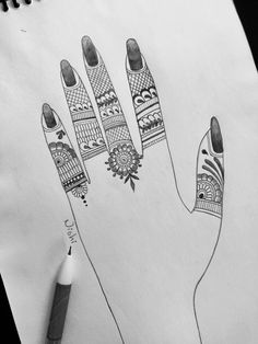 a drawing of a hand with designs on it