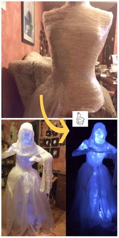 three different pictures of dresses made out of plastic bags