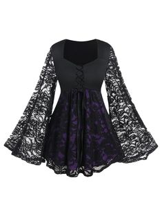 PRICES MAY VARY. Featurel-- Gothic style, flare sleeves, lace panel, sweetheart neck, halloween costume top, color block, lace up, long sleeves, sheer Matching--This gothic top can be worn not only with jeans, flares, shorts, and skirts. as everyday fashionable wear but also with hats, broomsticks, necklaces, boots, etc. as a witch role play on Halloween. Also, a renaissance costume or carnival costume is also a good option. Occasions--This long sleeves tee is suitable for daily, halloween witch Sweetheart Neckline Blouse, Gothic Blouse, Rosegal Plus Size, Gothic Tees, Plus Size Gothic, Gothic Lace, Gothic Tops, Witch Halloween Costume, Rose Gal