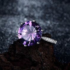 Natural Amethyst Ring, Six Prong Women's Ring, Solitaire CZ Band, Luxury Ring, Round Cut 14mm Ring,Silver Ring, February Birthstone Ring   Item Details *Style : Women's Ring *Gemstone : Amethyst & White Zircon  *Gemstone Color : Purple & White  Gemstone Shape : Round *Gemstone Size : 14mm & 1.20mm   Gemstone Cut : Cut *Metal Type : 925 Solid Sterling Silver Metal Purity : 925 Part of per 1000 *Gross Weight : 6.20 gm Approx. *Jewelry Type : Women & Girl Ring Ring Size- All ring size is available Ring Size: We have various sizes & metal Color available. Please choose in the drop down menu Unconventional Engagement Rings, February Birthstone Ring, Amethyst Ring Engagement, Amethyst And Diamond Ring, Amethyst Gem, Natural Diamond Engagement Ring, Luxury Rings, February Birthstone, Rings For Girls