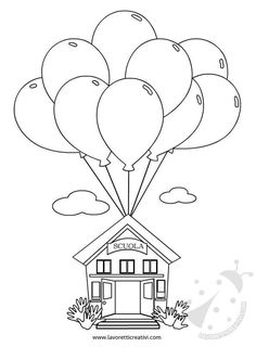 a house with balloons floating over it coloring pages for kids to print out and color