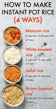 how to make instant pot rice in four different bowls with instructions on the bottom and top