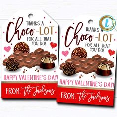 two valentine's day tags with chocolates on them