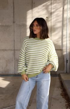 This striped, knitted sweater is the perfect way to show off your love for matcha. Made with high-quality materials, it's perfect for keeping you cozy and stylish all winter long. Whether you're a matcha enthusiast or just want to add some green to your wardrobe, this sweater is a must-have. Fabric 60% cotton, 40% acrylic Oversized Green Sweater With Ribbed Cuffs, Cozy Green Ribbed Sweater, Casual Green Textured Knit Sweater, Oversized Green Ribbed Sweater, Green Textured Knit Long Sleeve Sweater, Oversized Striped Sweater, L And Light, Light Green, Pullover Sweaters