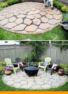 an outdoor fire pit in the middle of a yard with chairs around it and a man sitting