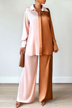 Loose Top Outfit, Shirt Collar Styles, Wide Leg Pant Suit, Coffee Fashion, Two Piece Pants Set, Satin Color, Loose Outfit, Satin Shirt, Turndown Collar