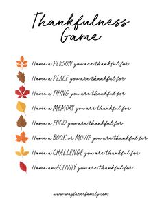 the thanksgiving game is shown with leaves and words in black, white, and orange