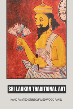 sri lankan traditional art hand painted on reclaimed wood panel with text that reads sri lankan traditional art