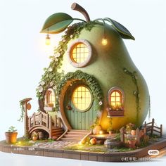 an apple shaped house with lots of windows and plants on the roof, surrounded by greenery