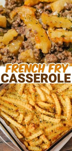 french fry casserole in a pan with the title overlay above it that reads, how to make french fry casserole