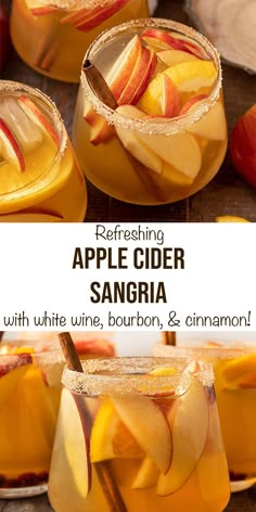 an apple cider sangria with white wine, bourbon and cinnamon is served in glasses