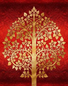 a golden tree on a red background with gold leaves and swirls in the center