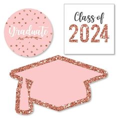 a pink graduation cap with the words graduate on it, and a class of 202 sticker